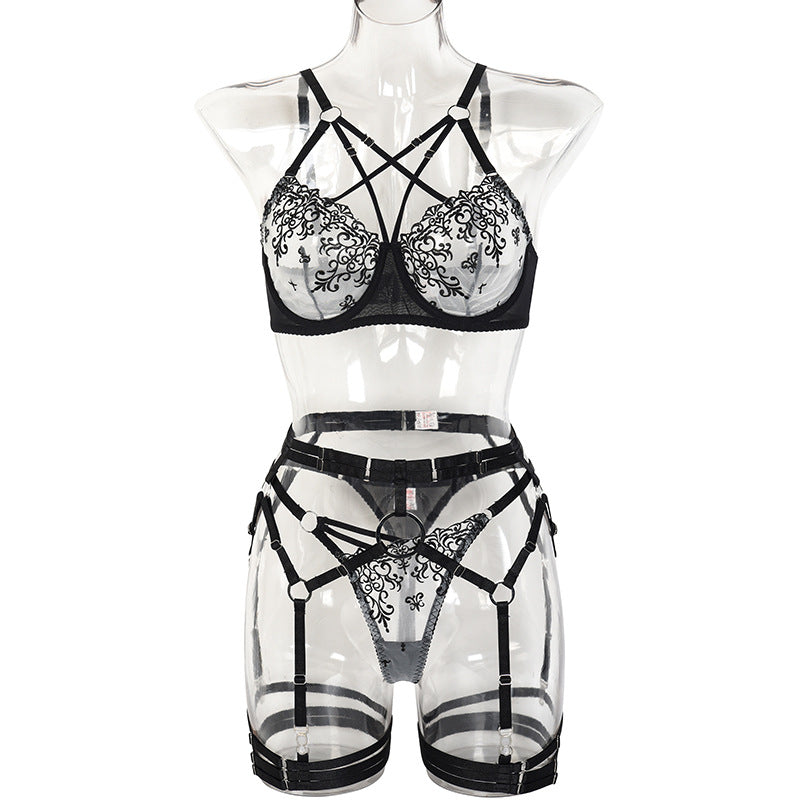 Embroidered Cross Strap Bra Female