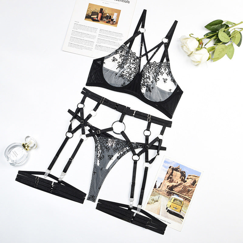 Embroidered Cross Strap Bra Female